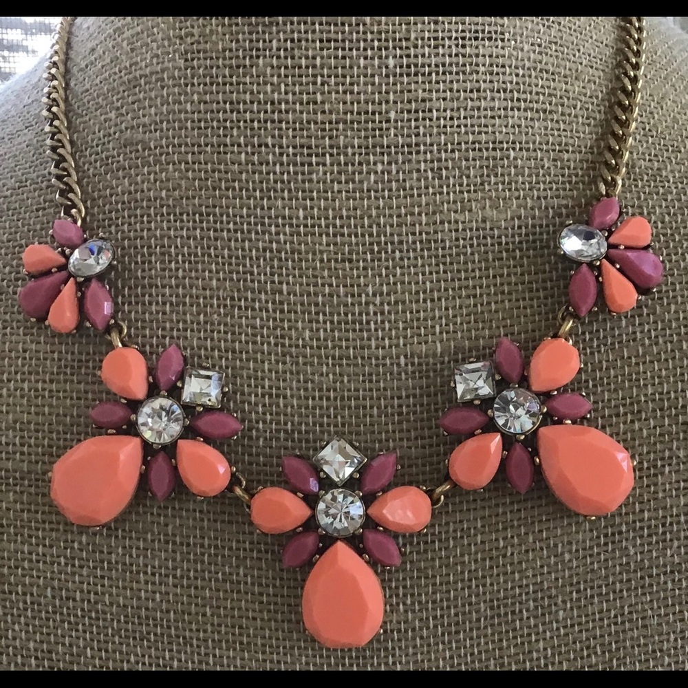 J Crew Peach, Pink, Rhinestone Floral Necklace